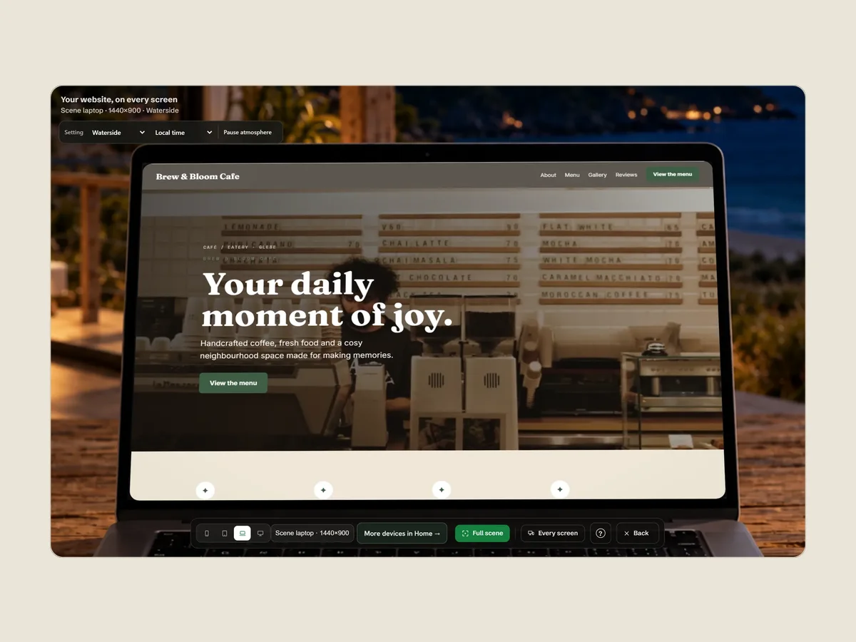 The site on a laptop in Veloċi Studio's illustrated Waterside setting