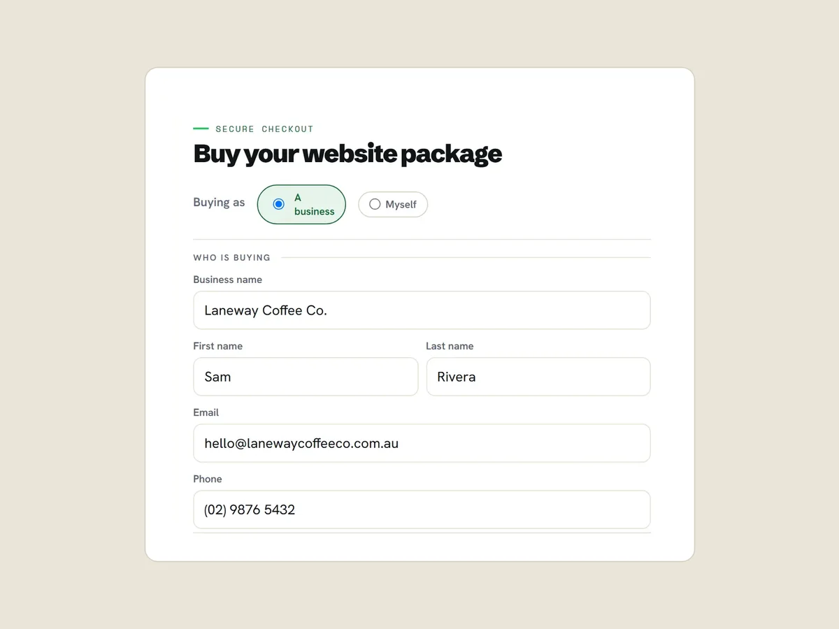 The buy form in the builder, filled with a sample café's details: buying as a business, name, email and phone