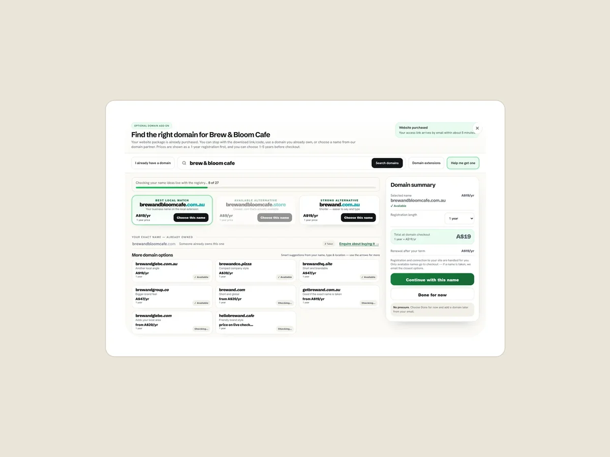 Going live: searching for a domain for the sample café, with a summary and prices beside it