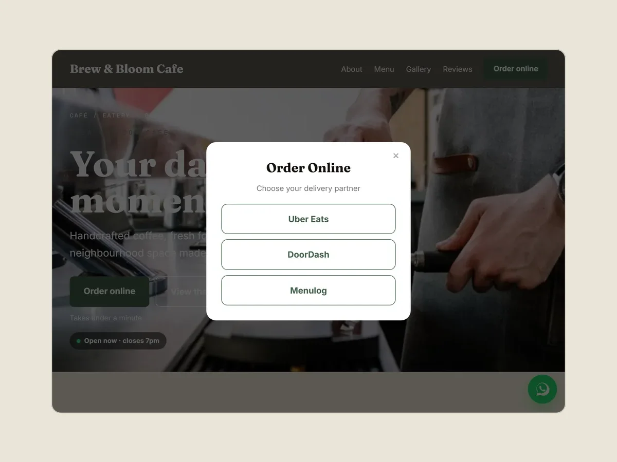 On the café site, Order online opens a chooser with the three delivery partners