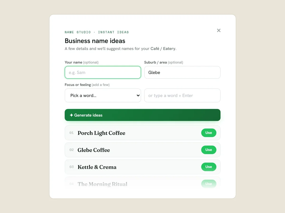 Business name ideas for a café in Glebe