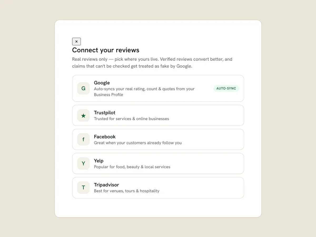 Connect your reviews: Google, Trustpilot, Facebook, Yelp, Tripadvisor