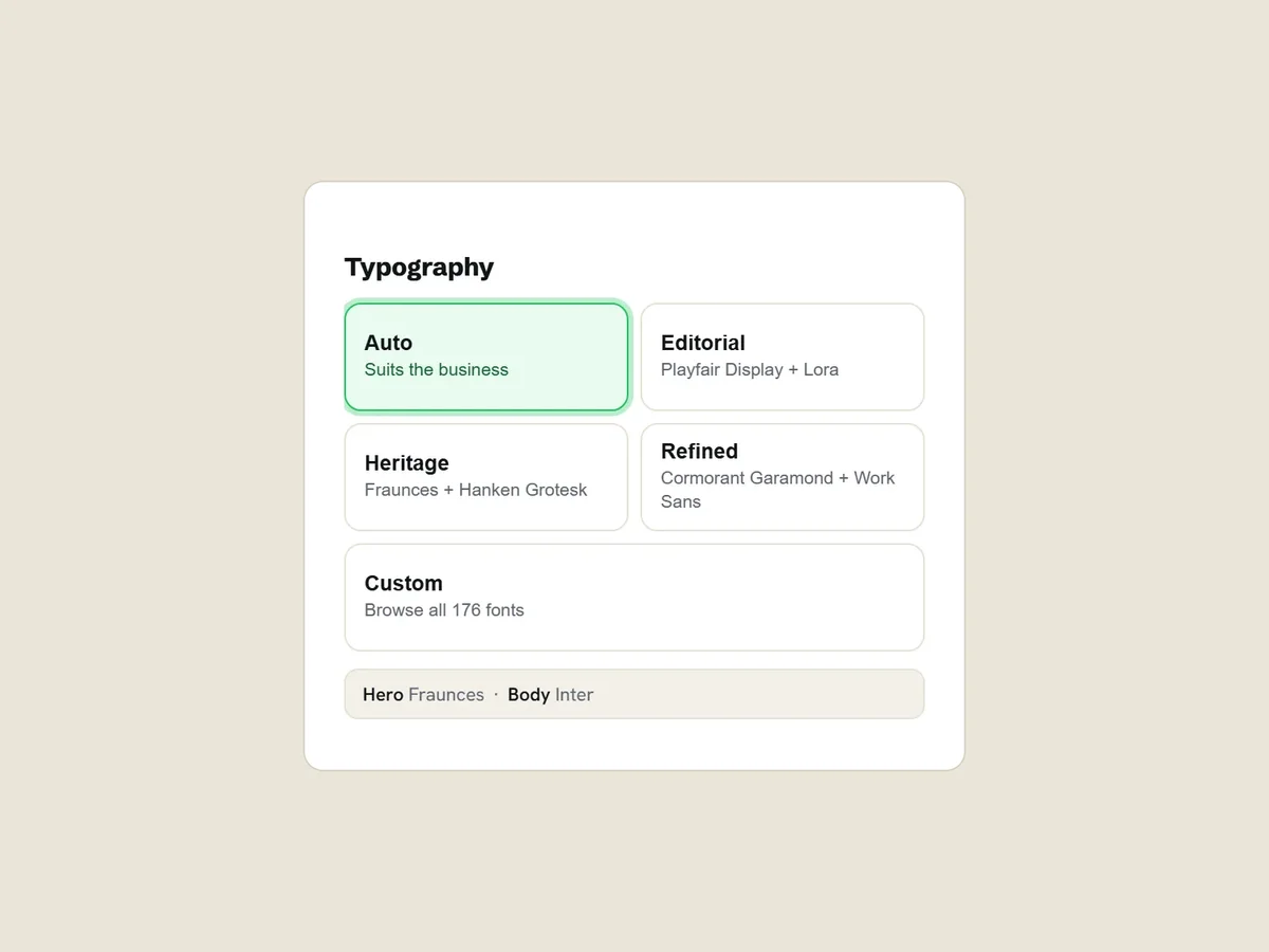 Typography choices: Auto, three pairings and Custom with 176 fonts