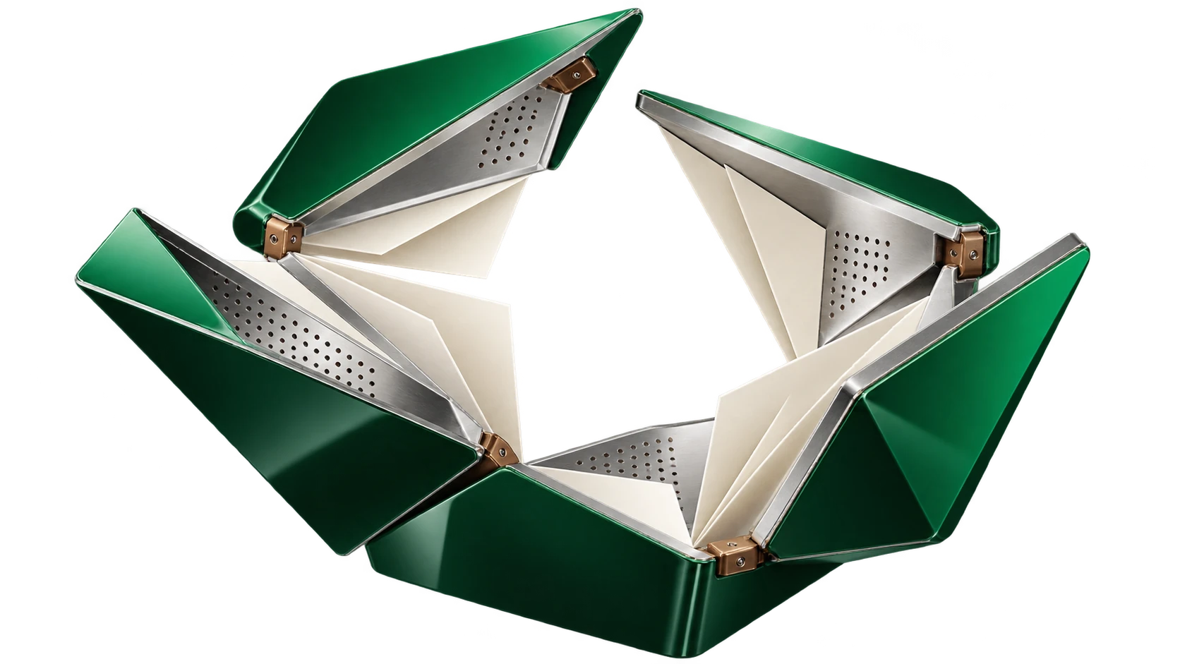 An emerald folded box opening around a clear centre